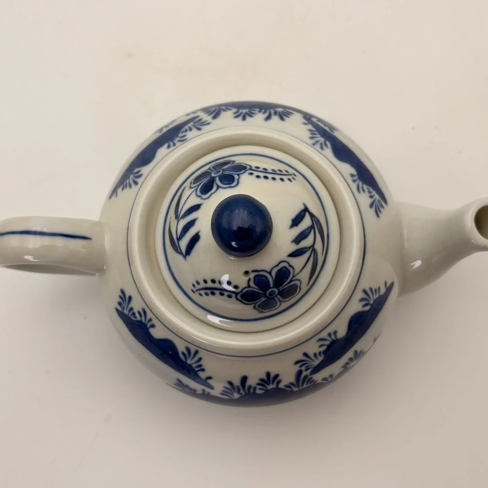 Vintage Blue and White Chinoiserie Ceramic Teapot with Ducks on Pond